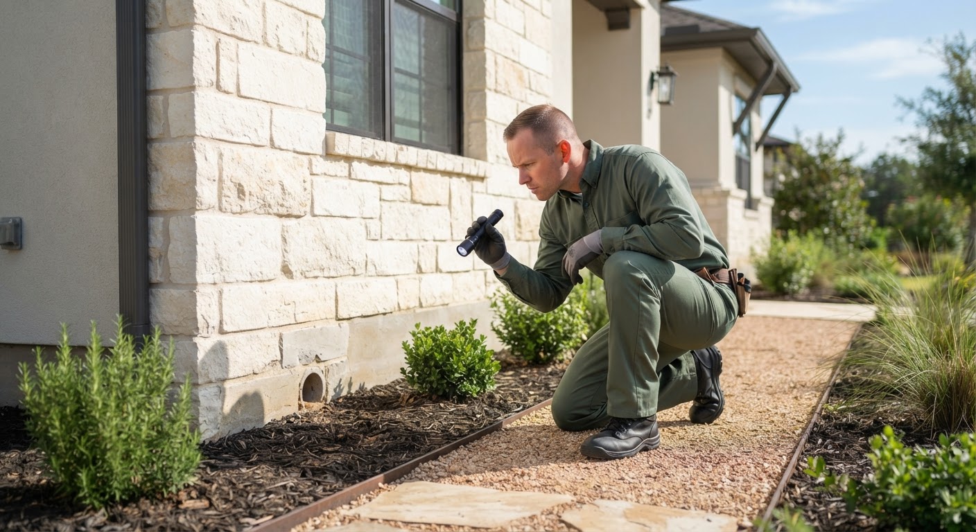 Pest control technician inspecting the perimeter of a residential home in San Antonio