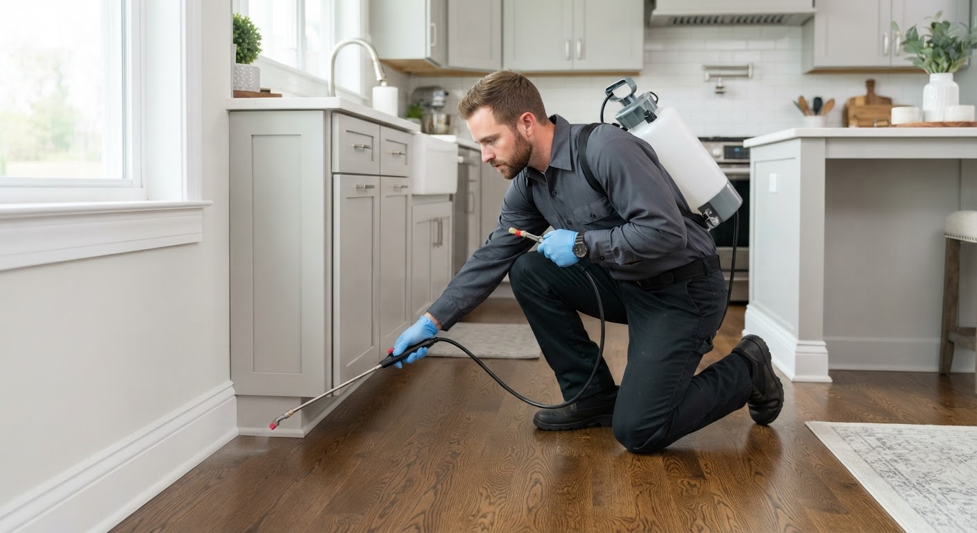 Pest control specialist applying targeted treatment along indoor baseboards