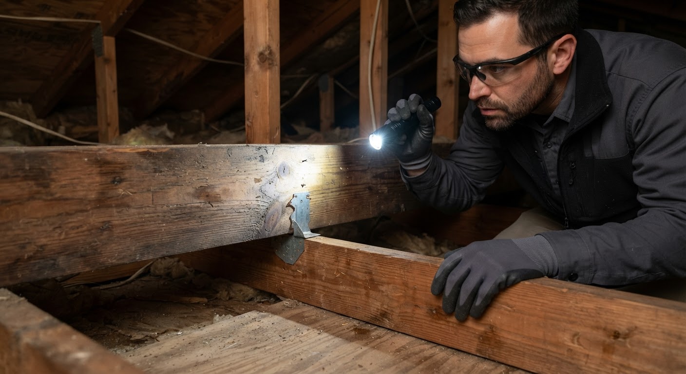 Technician inspecting wooden framing for termite activity