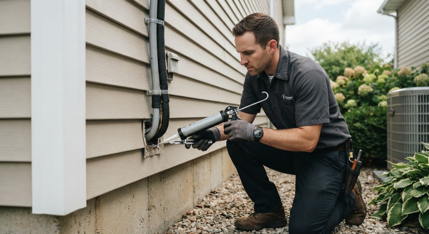 Rodent exclusion inspection near exterior utility entry point