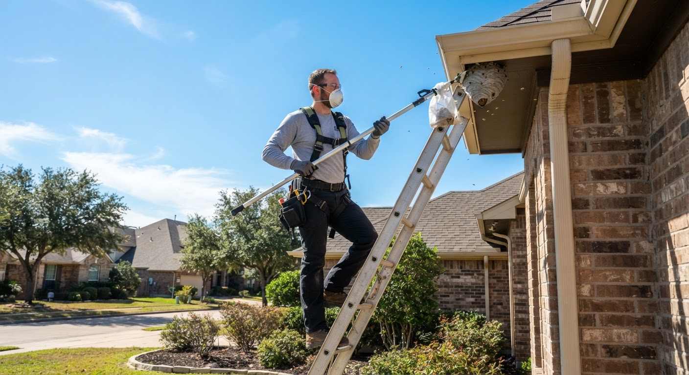 Technician addressing an exterior wasp nest under roof eaves