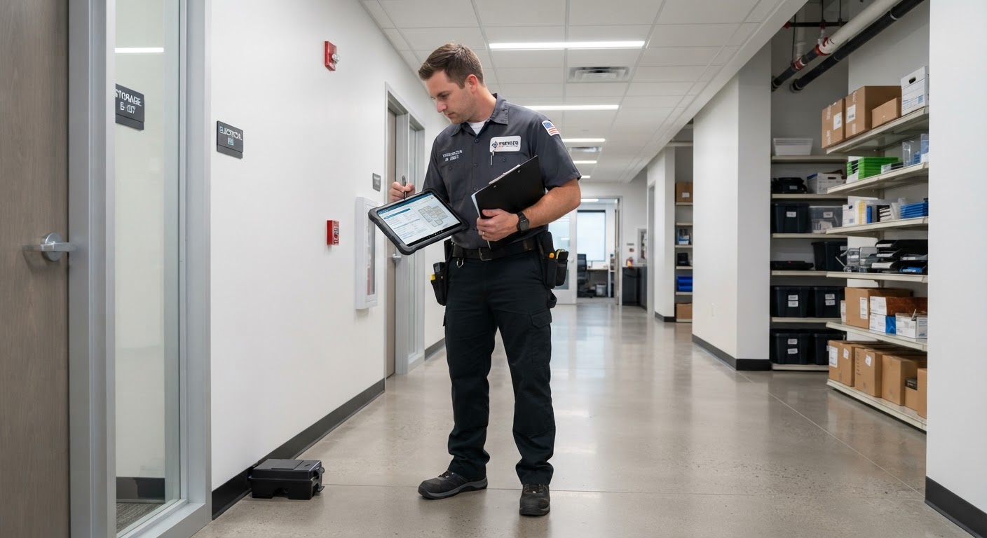 Commercial pest inspection inside a clean retail or office facility