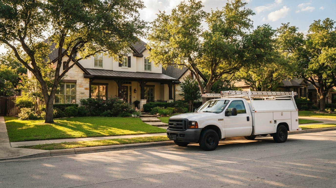 Service vehicle parked in front of a well-maintained San Antonio home
