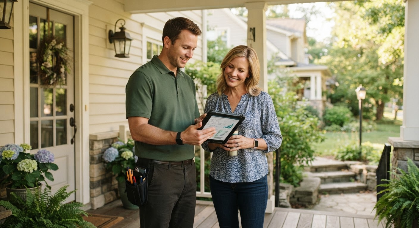 Technician discussing pest inspection findings with a homeowner