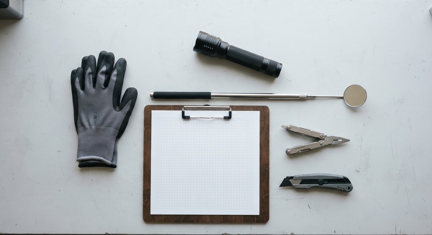 Pest management tools and sealed inspection supplies organized neatly